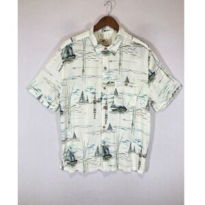 Nautical Coastal Joe Marlin Mens XL Cream Sailboat Print Rayon Camp Shirt
